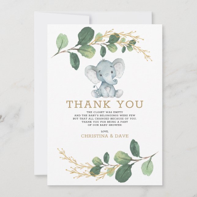 Tarjeta De Agradecimiento Elefante neutro Baby Shower vegetal (Anverso)
