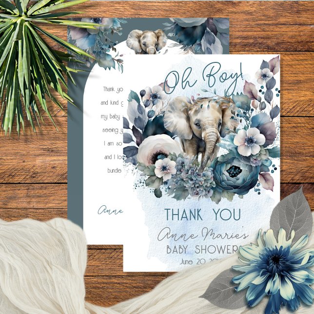Tarjeta De Agradecimiento Elefante Oh Boy Blue Floral Baby Shower (Subido por el creador)
