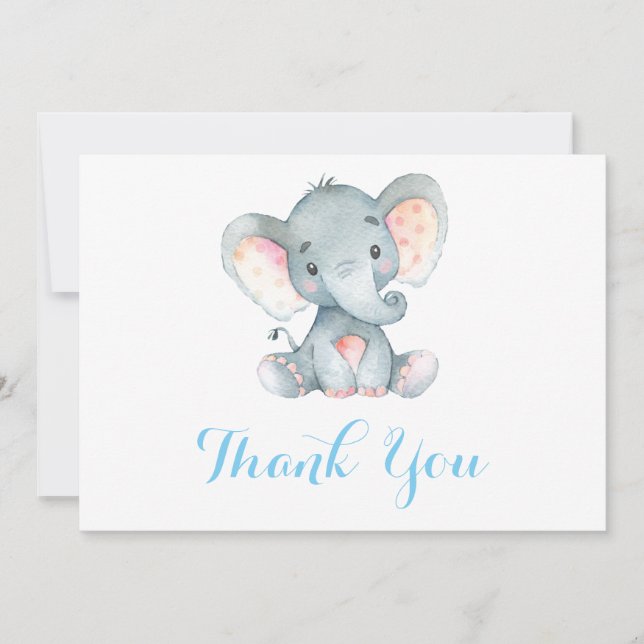 Tarjeta De Agradecimiento Elefante pequeño azul y gris (Anverso)