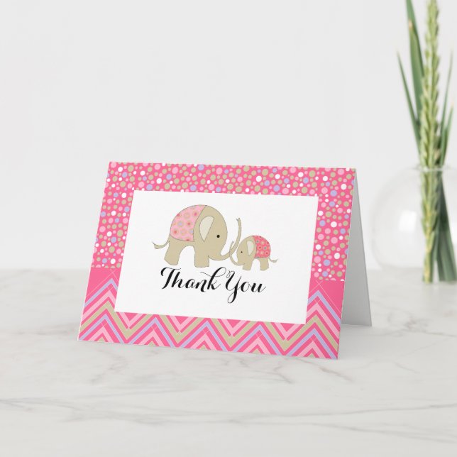 Tarjeta De Agradecimiento Elefante rosa bohemio y bebé de Chevron gracias (Anverso)