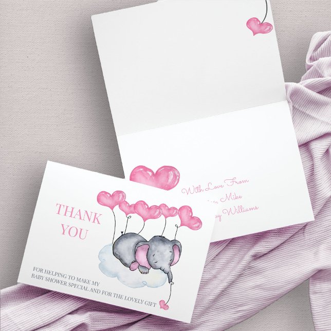 Tarjeta De Agradecimiento Elefante rosa chica Baby Shower en la nube (Thank You card with cute baby elephant and pink love heart balloons)