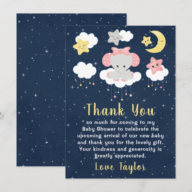 Tarjeta De Agradecimiento Elefante Rosa y Baby Shower de la Marina (Anverso / Reverso)