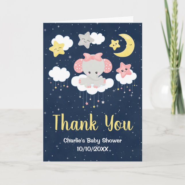 Tarjeta De Agradecimiento Elefante Rosa y Baby Shower de la Marina (Anverso)
