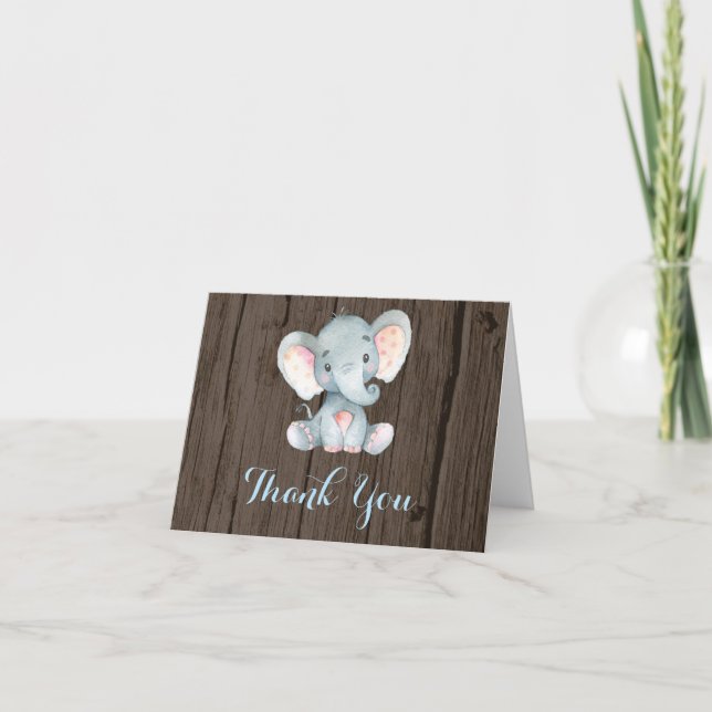 Tarjeta De Agradecimiento Elefante Rustico Cute Baby Boy Azul y Gris (Anverso)