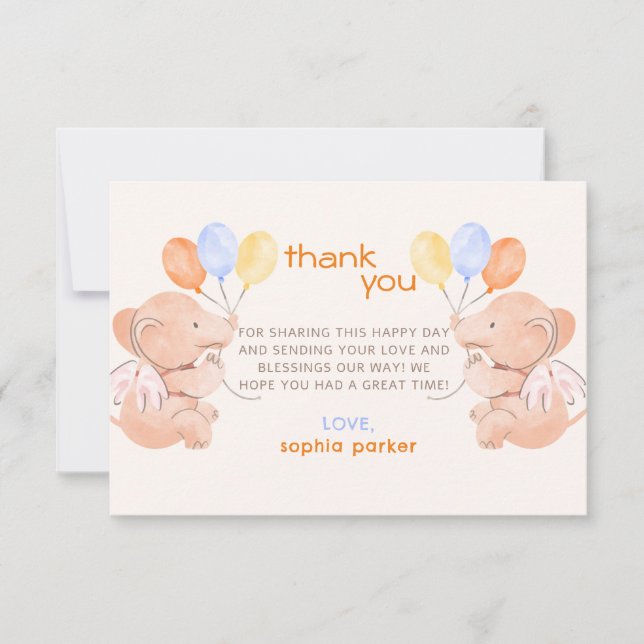 Tarjeta De Agradecimiento Elefantes Baby Shower (Anverso)