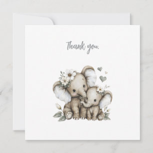 Tarjeta De Agradecimiento Elefantes bebé niña adorables con flores en acuare