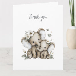 Tarjeta De Agradecimiento Elefantes bebé niña adorables con flores en acuare