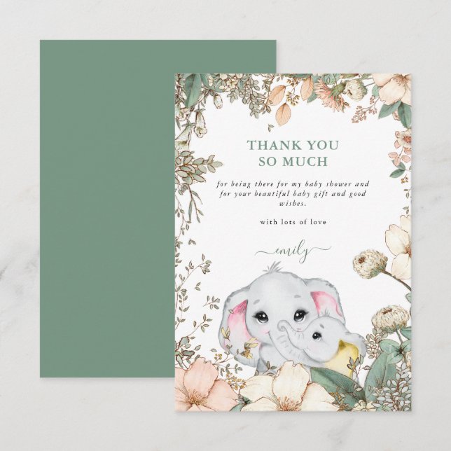 Tarjeta De Agradecimiento Elefantes Cuadros Foliage Sage Green Baby Shower (Anverso / Reverso)