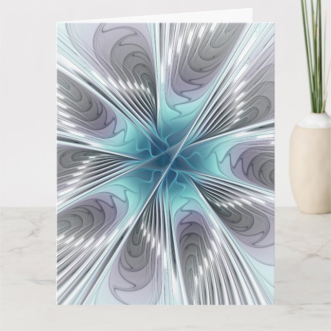 Tarjeta De Agradecimiento Elegance Modern Blue Gray White Fractal Art Flower (Anverso)