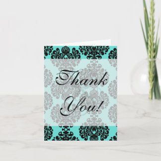 Tarjeta De Agradecimiento elegancia de damasco negro sobre azul aqua