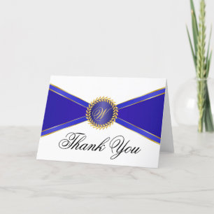 Tarjeta De Agradecimiento Elegancia de Monograma Azul Real