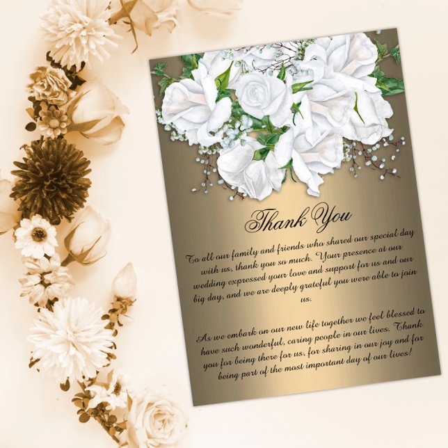 Tarjeta De Agradecimiento Elegancia dorada y rosas blancas Boda Gracias (Subido por el creador)