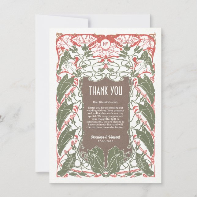 Tarjeta De Agradecimiento Elegancia floral Art Nouveau 2 (Anverso)