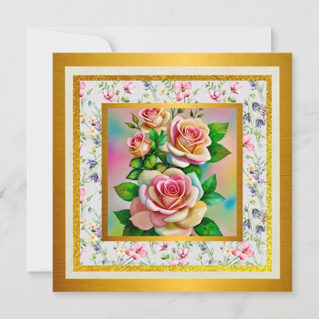 Tarjeta De Agradecimiento Elegancia Rosas Rosa y Amarillo Acuarela Pastel (Anverso)