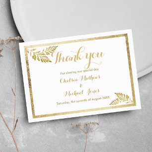 Tarjeta De Agradecimiento Elegancia simple blanca hoja dorada floral Gracias