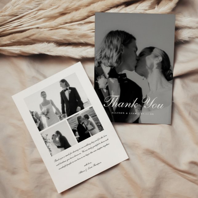 Tarjeta De Agradecimiento Elegant 4-Photo Black & White Script Wedding (Subido por el creador)