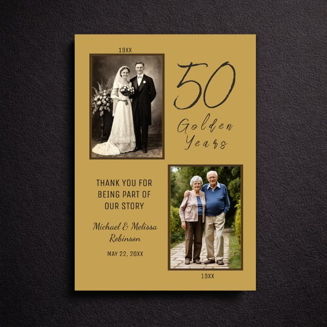 Tarjeta De Agradecimiento Elegant 50th Anniversary Gold Photo Thank You (Clean flat lay view of gold 50th anniversary thank you card)