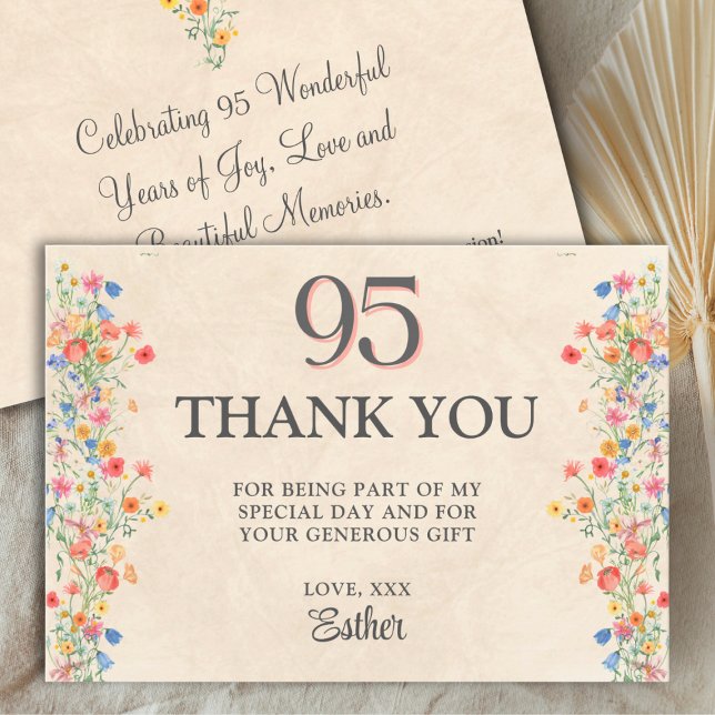 Tarjeta De Agradecimiento Elegant 95th Birthday Thanks - Floral Wildflower (Subido por el creador)