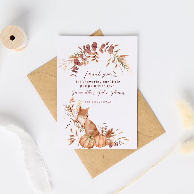 Tarjeta De Agradecimiento Elegant Autumn Terracotta Fox Pumpkin Baby Shower (Subido por el creador)