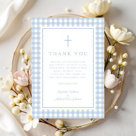 Tarjeta De Agradecimiento Elegant Baby Blue Gingham Boy Baptism