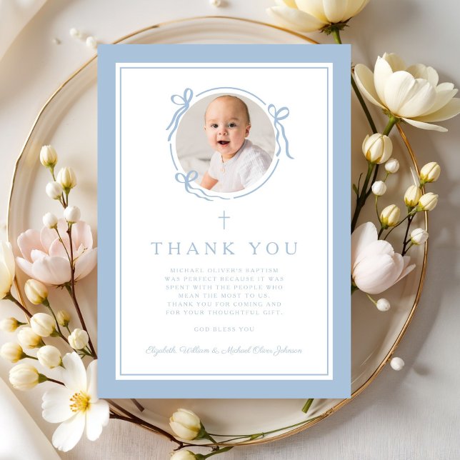 Tarjeta De Agradecimiento Elegant Baby Blue Religious Baptism Photo (Elegant Baby Blue Religious Baptism Photo Thank You Card)