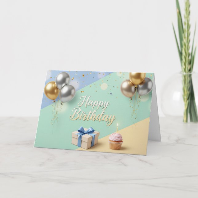 Tarjeta De Agradecimiento Elegant Balloons & Cupcake – Modern Happy Birthday (Anverso)