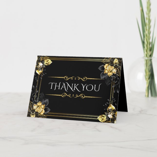 Tarjeta De Agradecimiento Elegant black and gold summer wedding (Anverso)