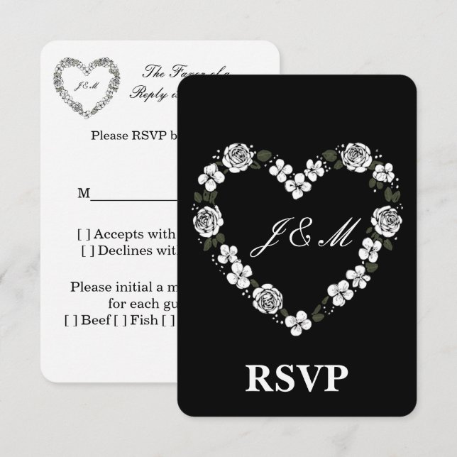 Tarjeta De Agradecimiento Elegant Black and White Floral Heart Wedding RSVP  (Anverso / Reverso)