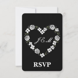 Tarjeta De Agradecimiento Elegant Black and White Floral Heart Wedding RSVP 