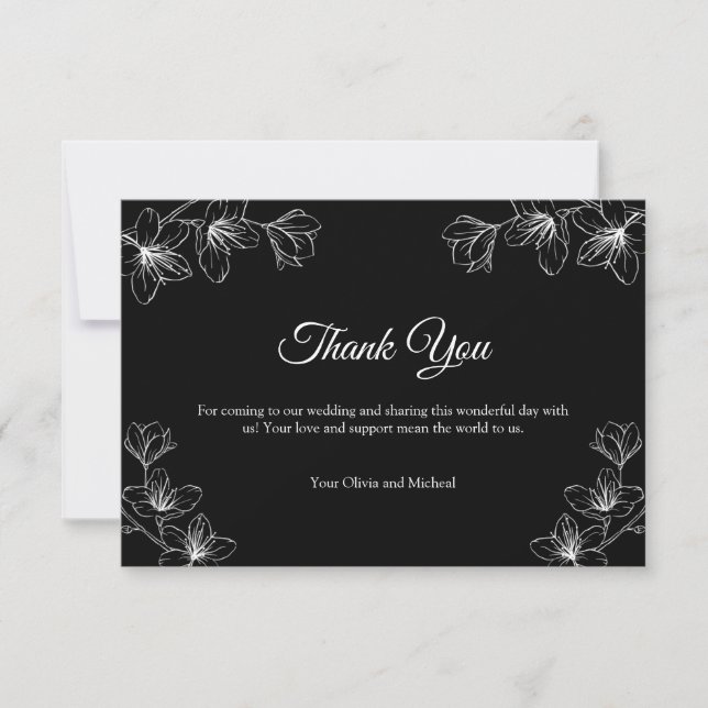 Tarjeta De Agradecimiento Elegant Black Floral Line Art Wedding  (Anverso)