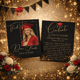 Tarjeta De Agradecimiento Elegant Black & Gold Graduation Thank You Card