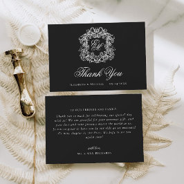 Tarjeta De Agradecimiento Elegant Black Monogram Crest Vintage Wedding
