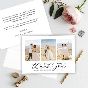 Tarjeta De Agradecimiento Elegant Black Script Personalized 3 Photo Wedding