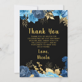 Tarjeta De Agradecimiento Elegant Blue and Gold Flowers Birthday Party
