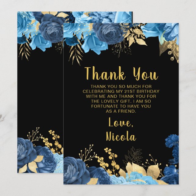 Tarjeta De Agradecimiento Elegant Blue and Gold Flowers Birthday Party (Anverso / Reverso)