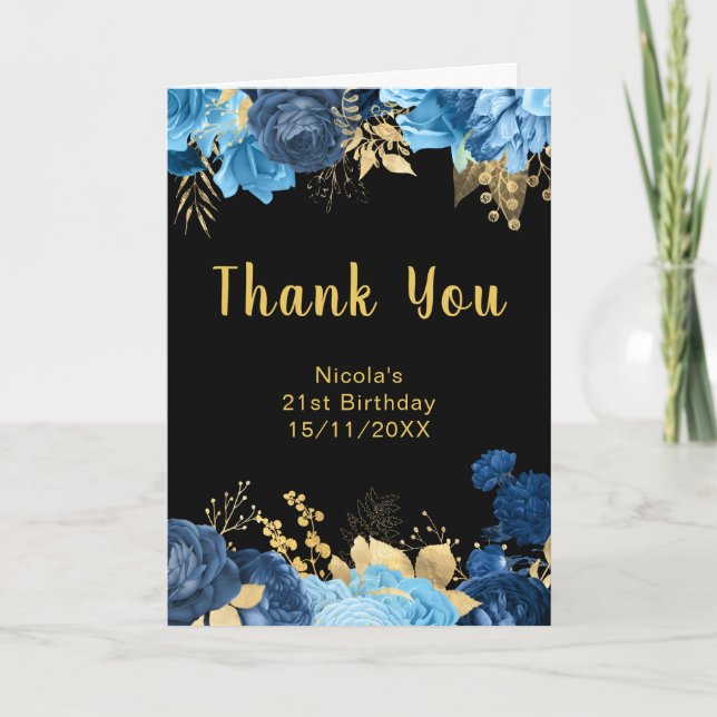 Tarjeta De Agradecimiento Elegant Blue and Gold Flowers Birthday Party (Anverso)