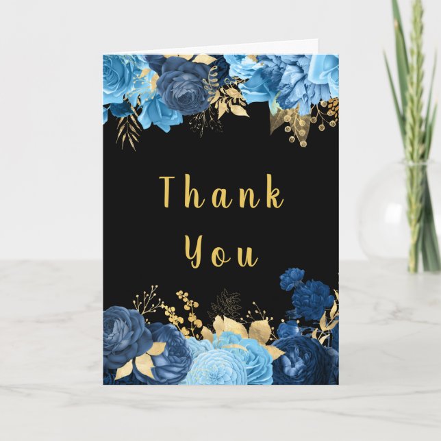 Tarjeta De Agradecimiento Elegant Blue and Gold Flowers Hanukkah Party (Anverso)