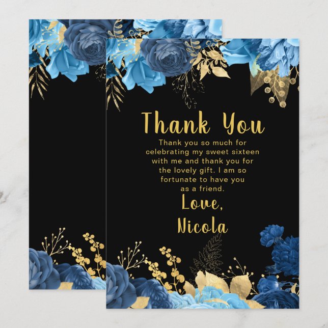 Tarjeta De Agradecimiento Elegant Blue and Gold Flowers Sweet Sixteen (Anverso / Reverso)