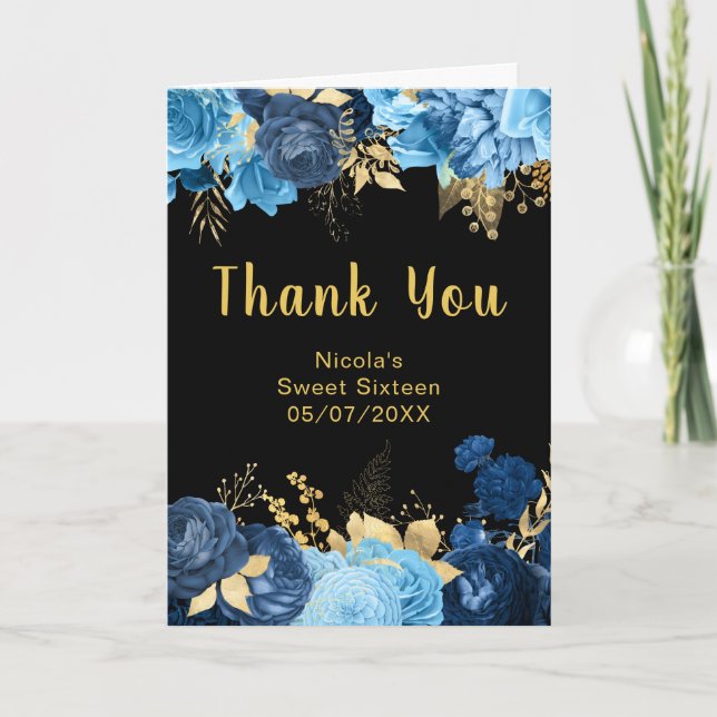 Tarjeta De Agradecimiento Elegant Blue and Gold Flowers Sweet Sixteen (Anverso)