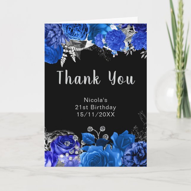 Tarjeta De Agradecimiento Elegant Blue and Silver Flowers Birthday Party (Anverso)