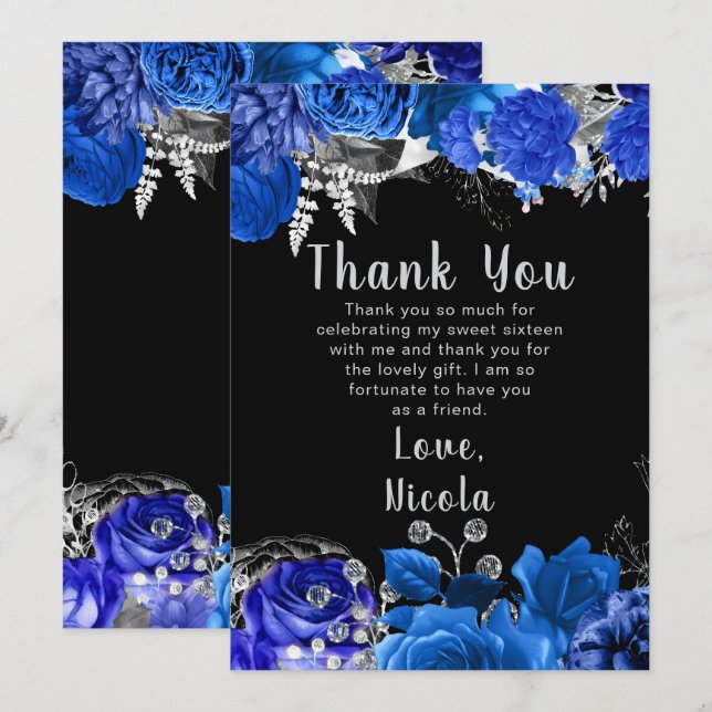 Tarjeta De Agradecimiento Elegant Blue and Silver Flowers Sweet Sixteen (Anverso / Reverso)