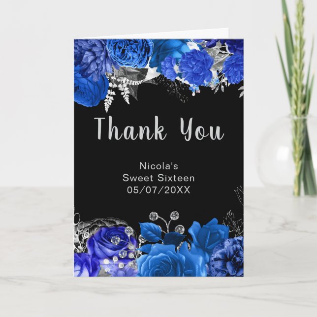 Tarjeta De Agradecimiento Elegant Blue and Silver Flowers Sweet Sixteen (Anverso)