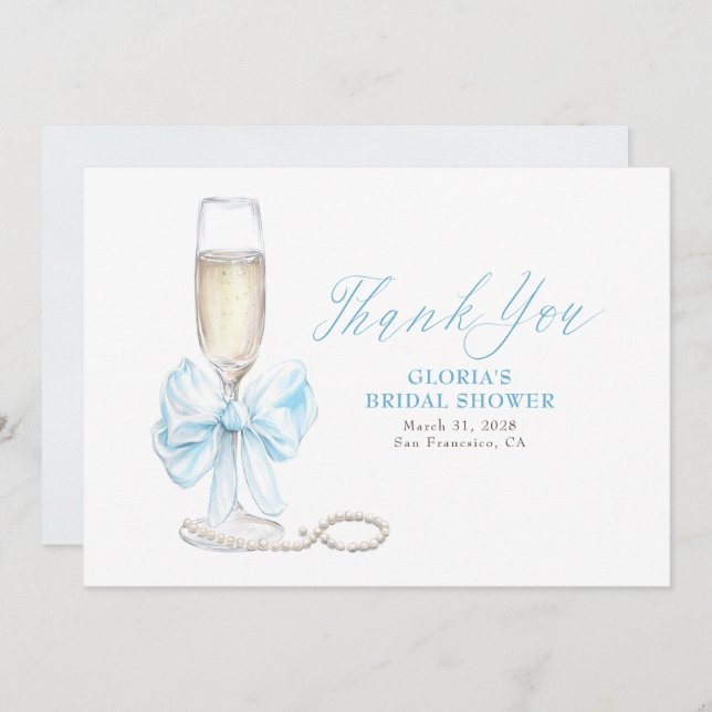 Tarjeta De Agradecimiento Elegant Blue Bow Prosecco Bridal Shower Thank You (Anverso / Reverso)