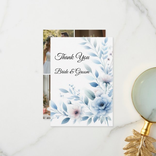 Tarjeta De Agradecimiento Elegant Blue Floral Photo Thank you Card (Anverso/Reverso In Situ)