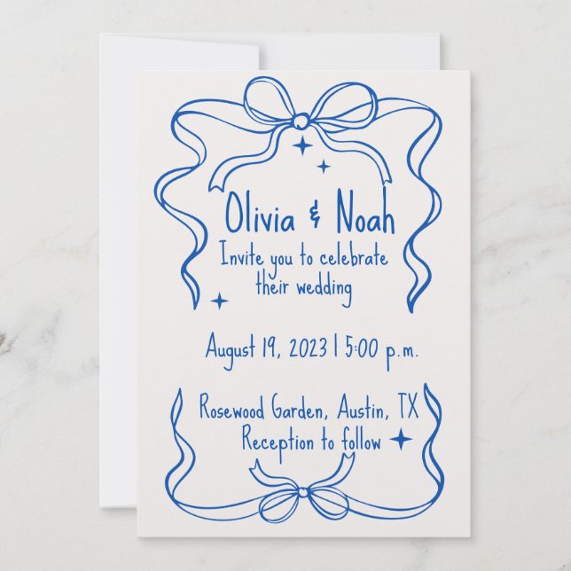 Tarjeta De Agradecimiento Elegant Blue Ribbon Wedd (Anverso)