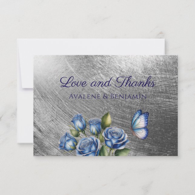 Tarjeta De Agradecimiento Elegant Blue Roses Butterfly Silver Wedding (Anverso)