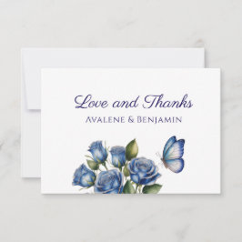 Tarjeta De Agradecimiento Elegant Blue Roses Butterfly Silver Wedding