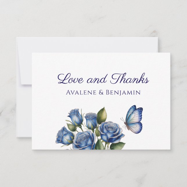 Tarjeta De Agradecimiento Elegant Blue Roses Butterfly Silver Wedding (Anverso)