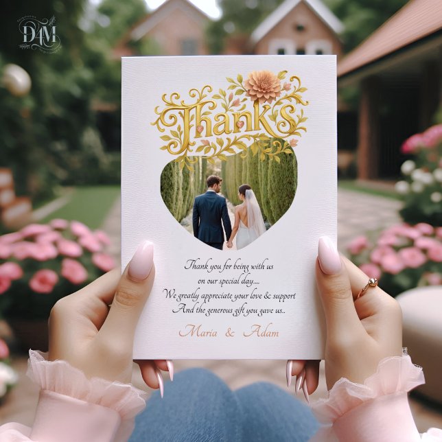 Tarjeta De Agradecimiento Elegant Blush Dahlias Golden Script Wedding Photo (Subido por el creador)
