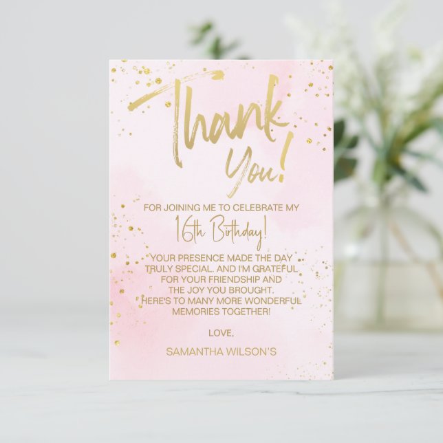 Tarjeta De Agradecimiento Elegant Blush Pink & Gold Sweet 16 Thank You Card (Anverso de pie)